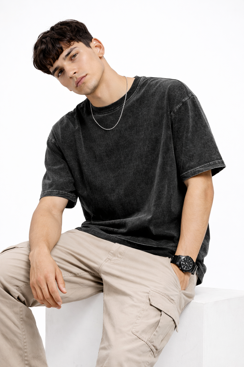 Men’s Acid Wash Black Oversized T-Shirt – Premium Cotton