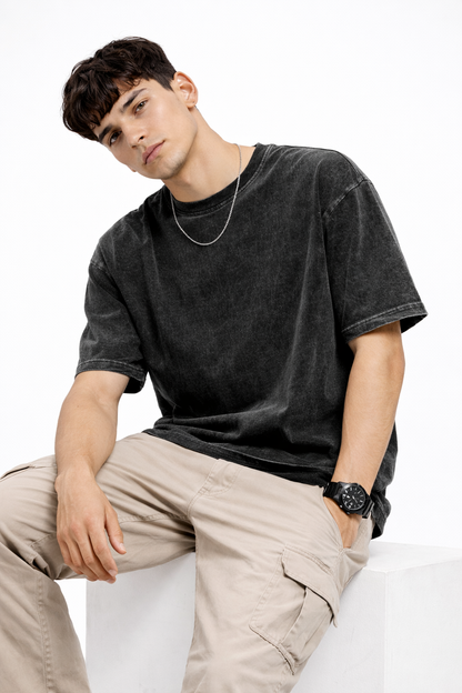 Men’s Acid Wash Black Oversized T-Shirt – Premium Cotton